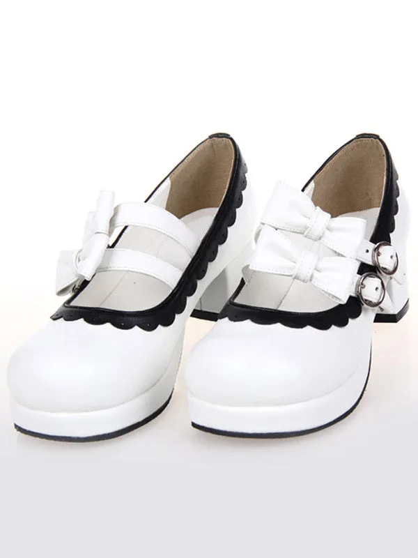 Sweet Lolita Chunky Square Heels Shoes Bows Trim Round Toe