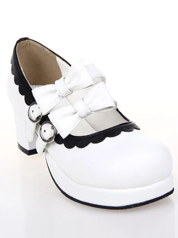 Sweet Lolita Chunky Square Heels Shoes Bows Trim Round Toe