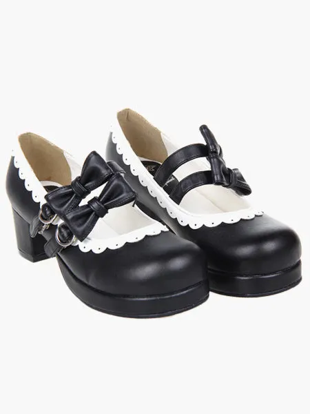 Sweet Lolita Chunky Square Heels Shoes Bows Trim Round Toe
