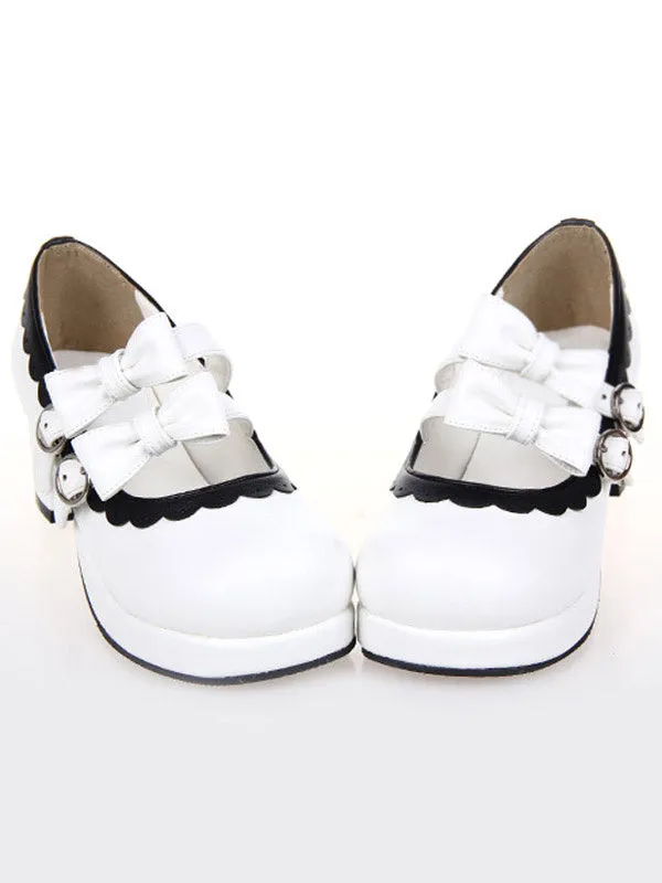 Sweet Lolita Chunky Square Heels Shoes Bows Trim Round Toe