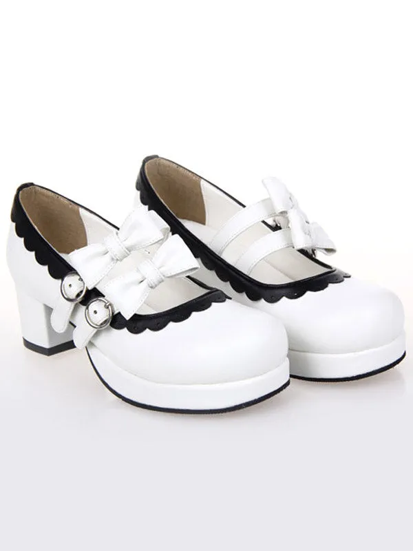 Sweet Lolita Chunky Square Heels Shoes Bows Trim Round Toe