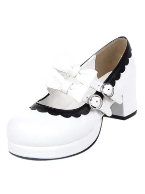 Sweet Lolita Chunky Square Heels Shoes Bows Trim Round Toe