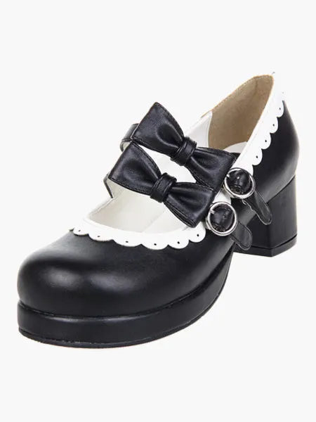 Sweet Lolita Chunky Square Heels Shoes Bows Trim Round Toe