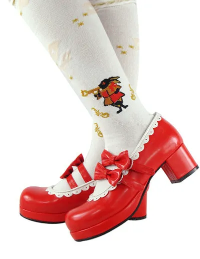 Sweet Lolita Chunky Square Heels Shoes Bows Trim Round Toe