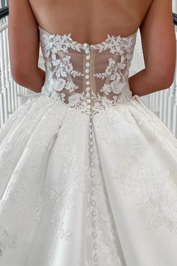 Sweetheart Satin Strapless Elegant Wedding Dress with Appliques TD0013
