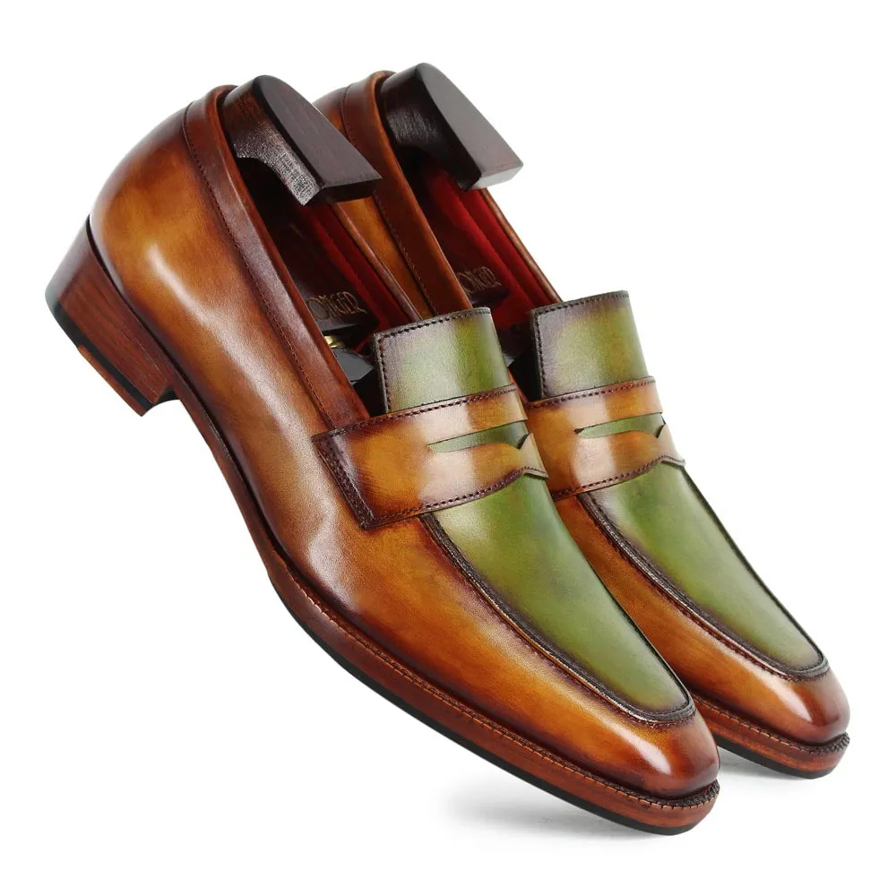 Tan   Green Dual Tone Mirror Glossed Patina Penny Loafers