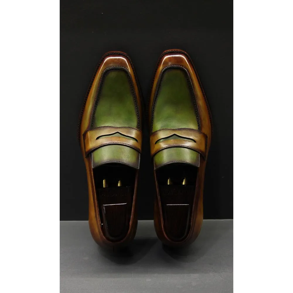 Tan   Green Dual Tone Mirror Glossed Patina Penny Loafers