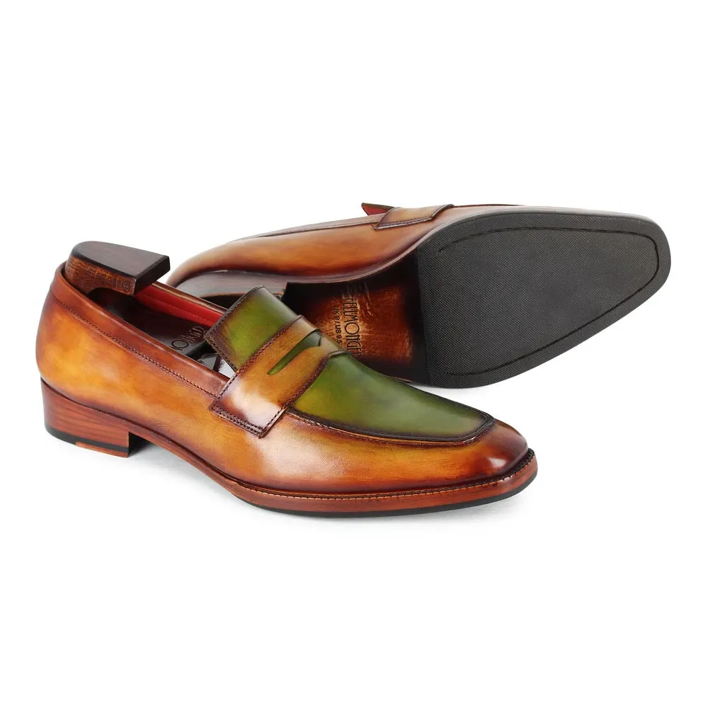 Tan   Green Dual Tone Mirror Glossed Patina Penny Loafers