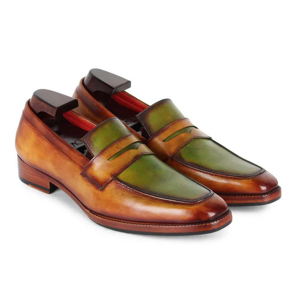 Tan   Green Dual Tone Mirror Glossed Patina Penny Loafers