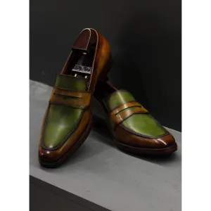 Tan   Green Dual Tone Mirror Glossed Patina Penny Loafers