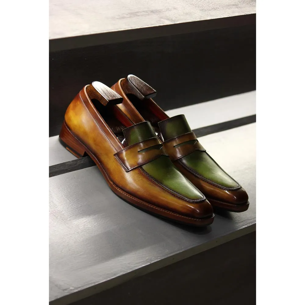 Tan   Green Dual Tone Mirror Glossed Patina Penny Loafers