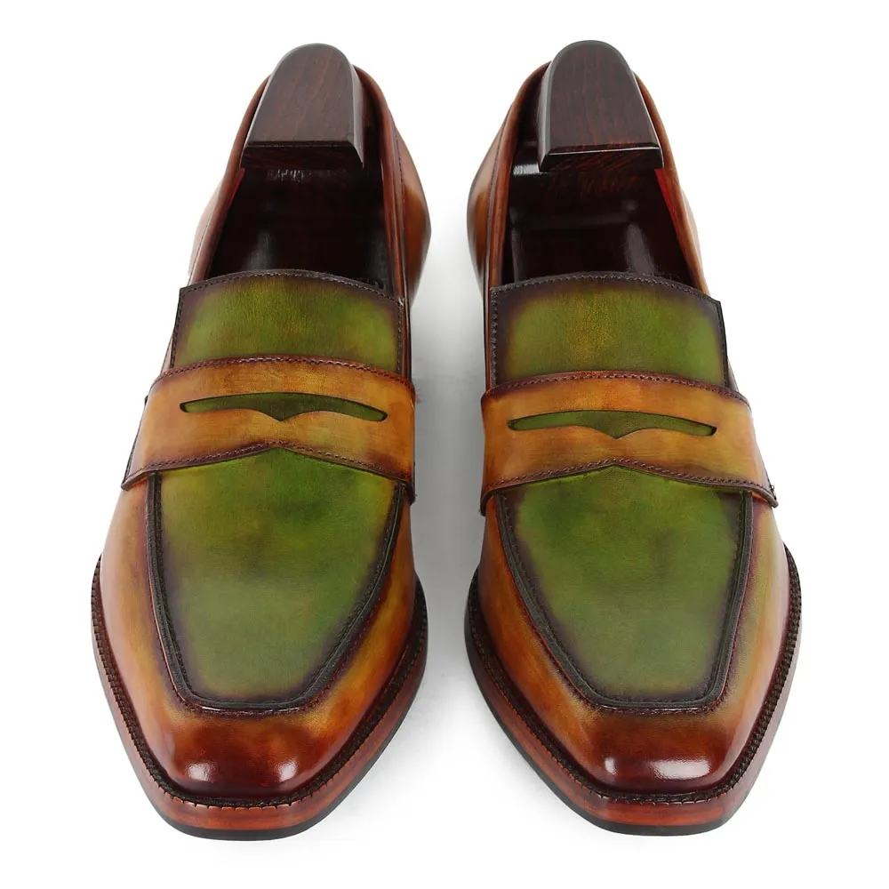 Tan   Green Dual Tone Mirror Glossed Patina Penny Loafers