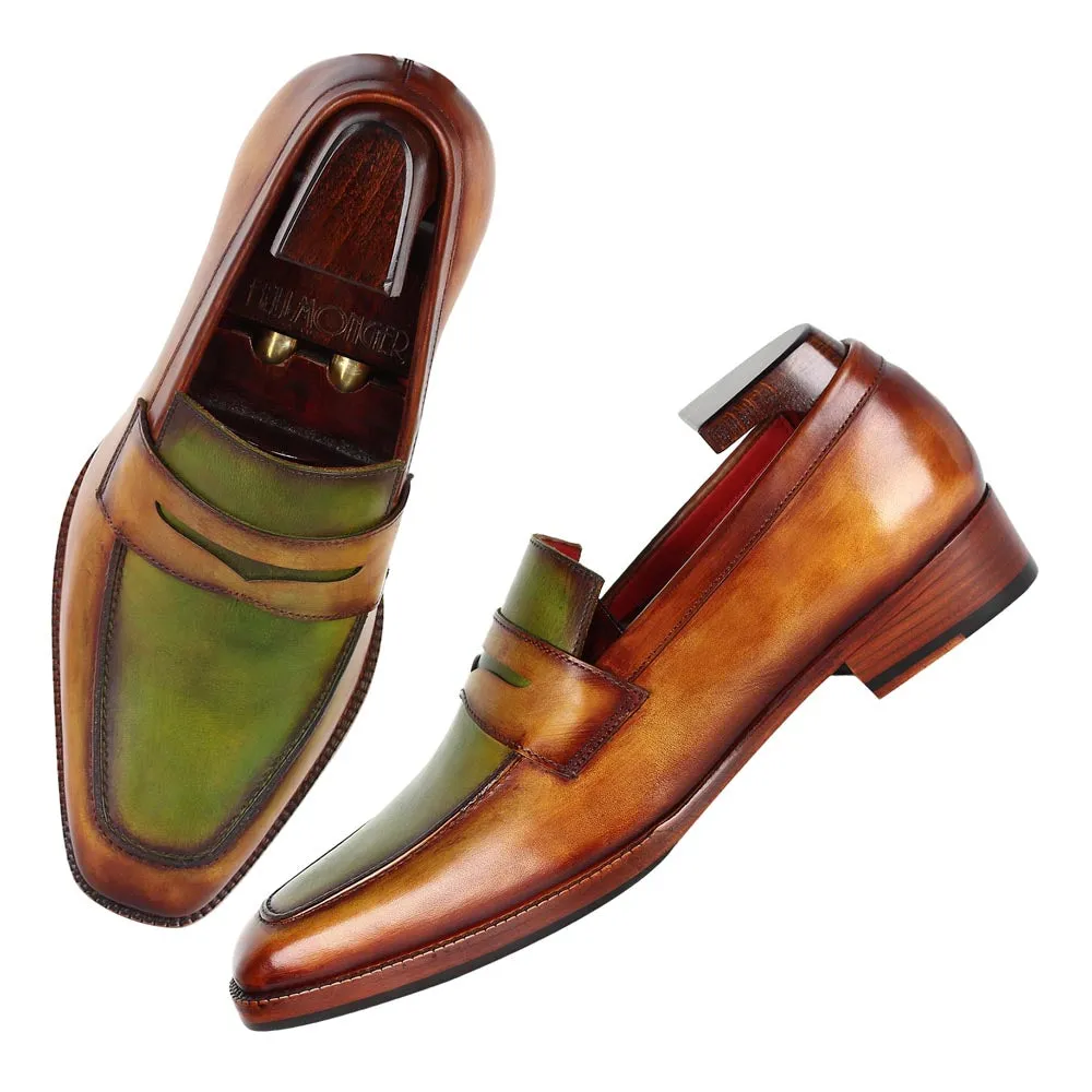 Tan   Green Dual Tone Mirror Glossed Patina Penny Loafers
