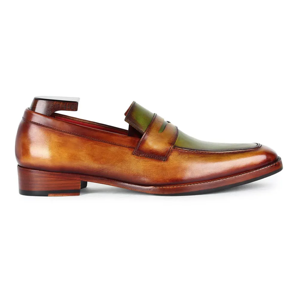 Tan   Green Dual Tone Mirror Glossed Patina Penny Loafers