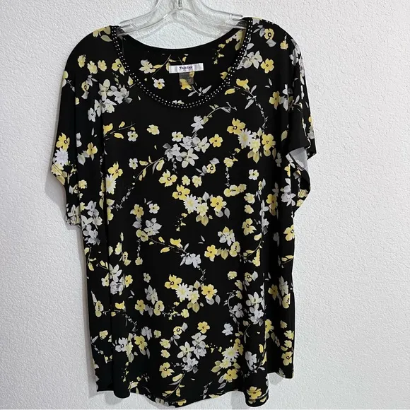 TanJay Black Floral Print Skirt Set Short Cap Sleeve Top &amp; Skirt 1X