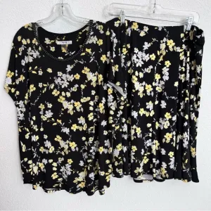 TanJay Black Floral Print Skirt Set Short Cap Sleeve Top &amp; Skirt 1X