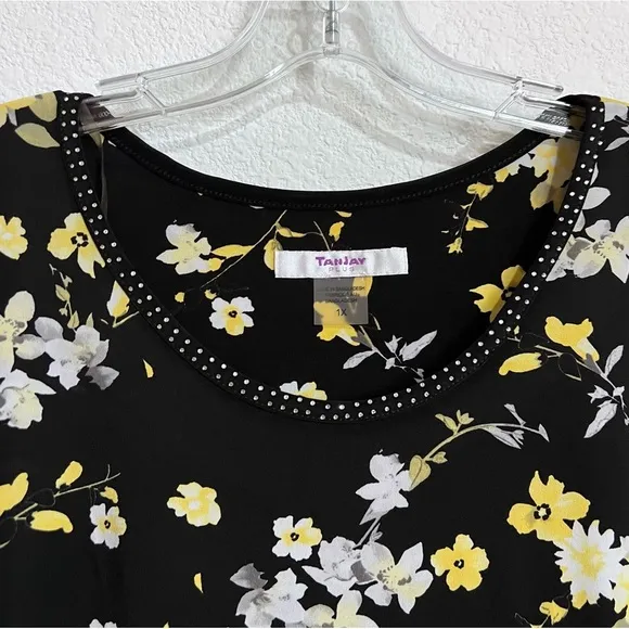 TanJay Black Floral Print Skirt Set Short Cap Sleeve Top &amp; Skirt 1X