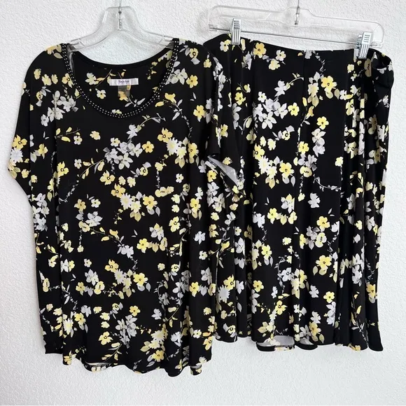 TanJay Black Floral Print Skirt Set Short Cap Sleeve Top &amp; Skirt 1X