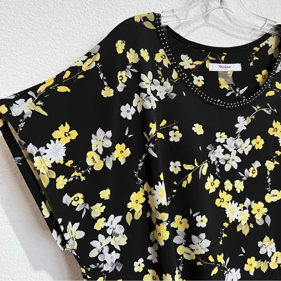 TanJay Black Floral Print Skirt Set Short Cap Sleeve Top &amp; Skirt 1X