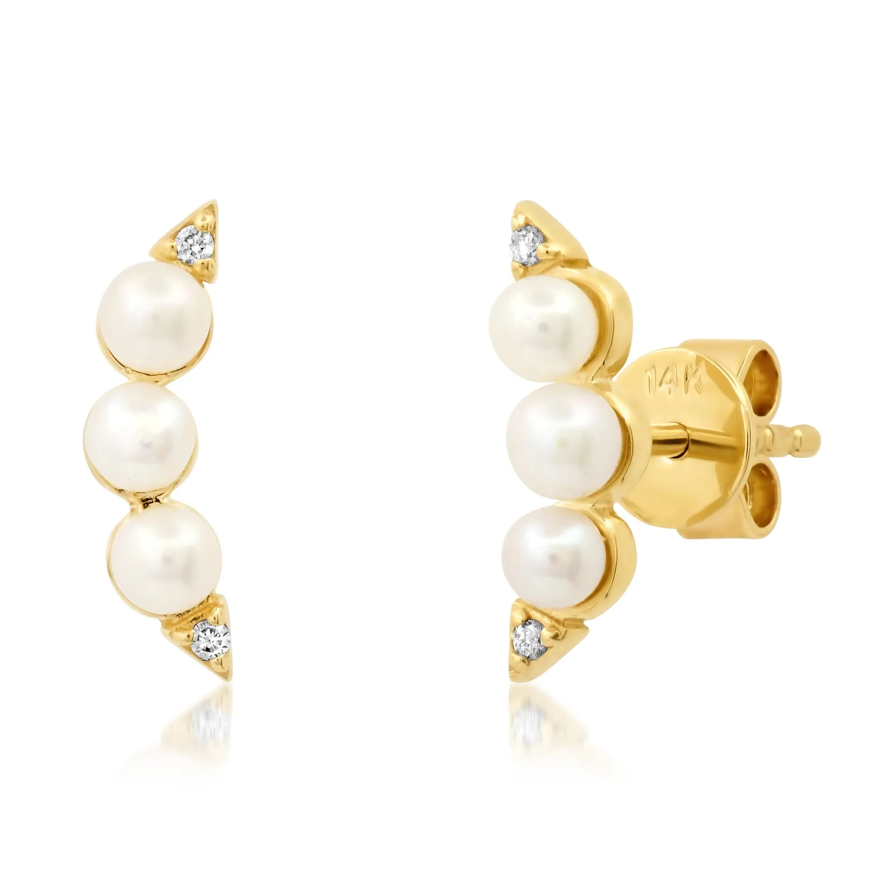THREE PEARL DIAMOND STUDS, 14kt GOLD