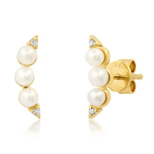 THREE PEARL DIAMOND STUDS, 14kt GOLD