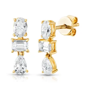 THREE SHAPED DIAMOND STUDS, 14KT GOLD