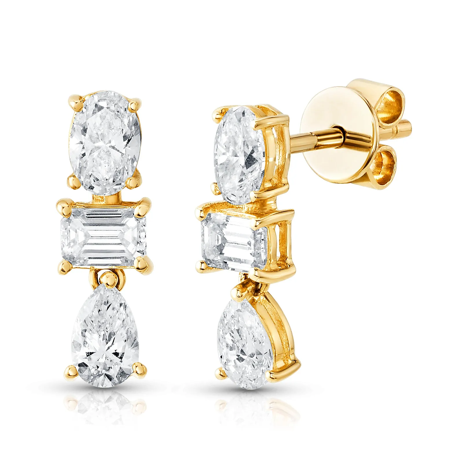 THREE SHAPED DIAMOND STUDS, 14KT GOLD