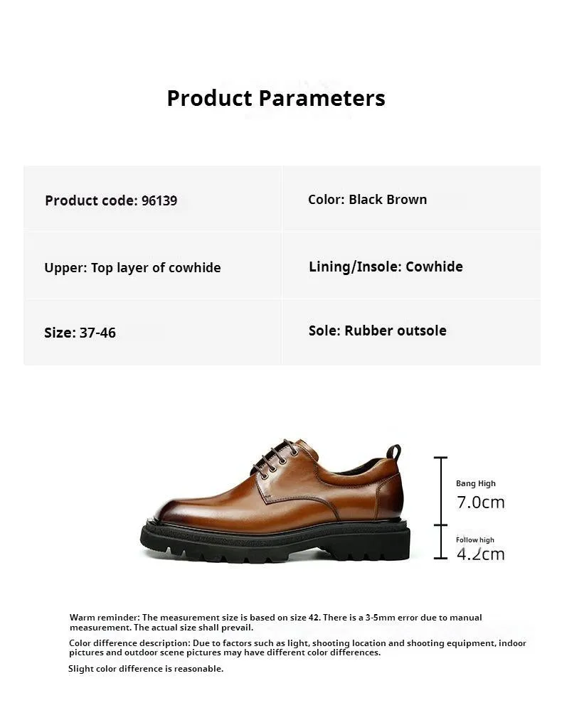 Top Layer Cowhide Men's Leather Shoes Big Head Leather Shoes Men's Genuine Leather Formal Business Men's Shoes Square Toe Platform British Increased Derby Shoes96139