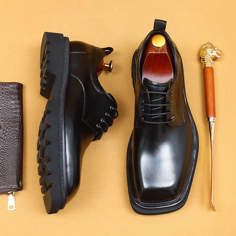 Top Layer Cowhide Men's Leather Shoes Big Head Leather Shoes Men's Genuine Leather Formal Business Men's Shoes Square Toe Platform British Increased Derby Shoes96139