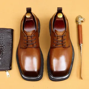 Top Layer Cowhide Men's Leather Shoes Big Head Leather Shoes Men's Genuine Leather Formal Business Men's Shoes Square Toe Platform British Increased Derby Shoes96139