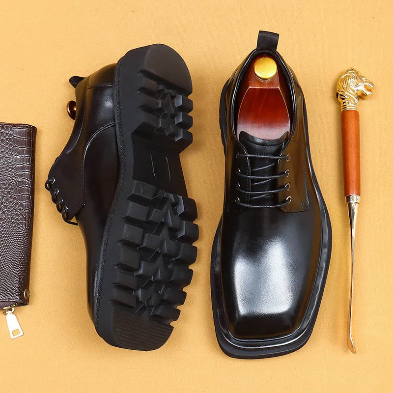 Top Layer Cowhide Men's Leather Shoes Big Head Leather Shoes Men's Genuine Leather Formal Business Men's Shoes Square Toe Platform British Increased Derby Shoes96139