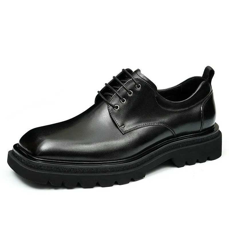 Top Layer Cowhide Men's Leather Shoes Big Head Leather Shoes Men's Genuine Leather Formal Business Men's Shoes Square Toe Platform British Increased Derby Shoes96139