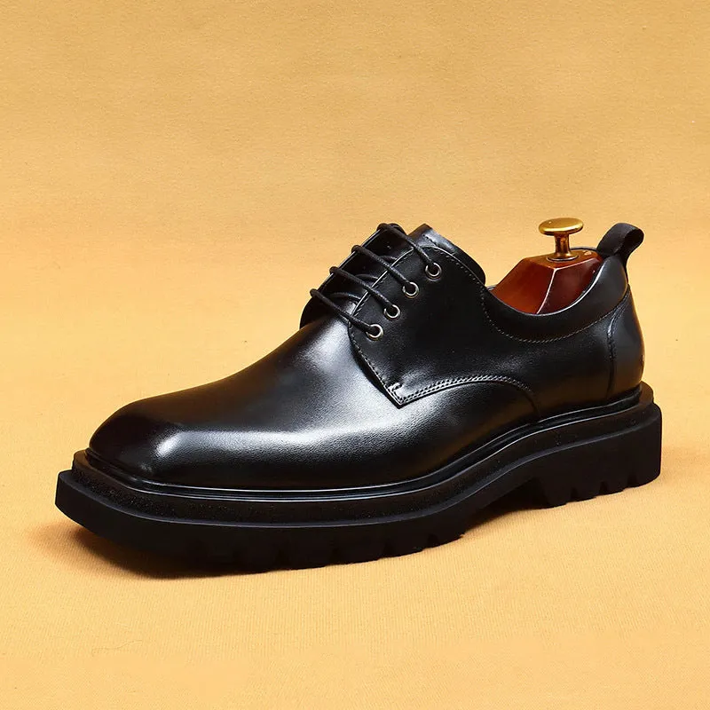 Top Layer Cowhide Men's Leather Shoes Big Head Leather Shoes Men's Genuine Leather Formal Business Men's Shoes Square Toe Platform British Increased Derby Shoes96139