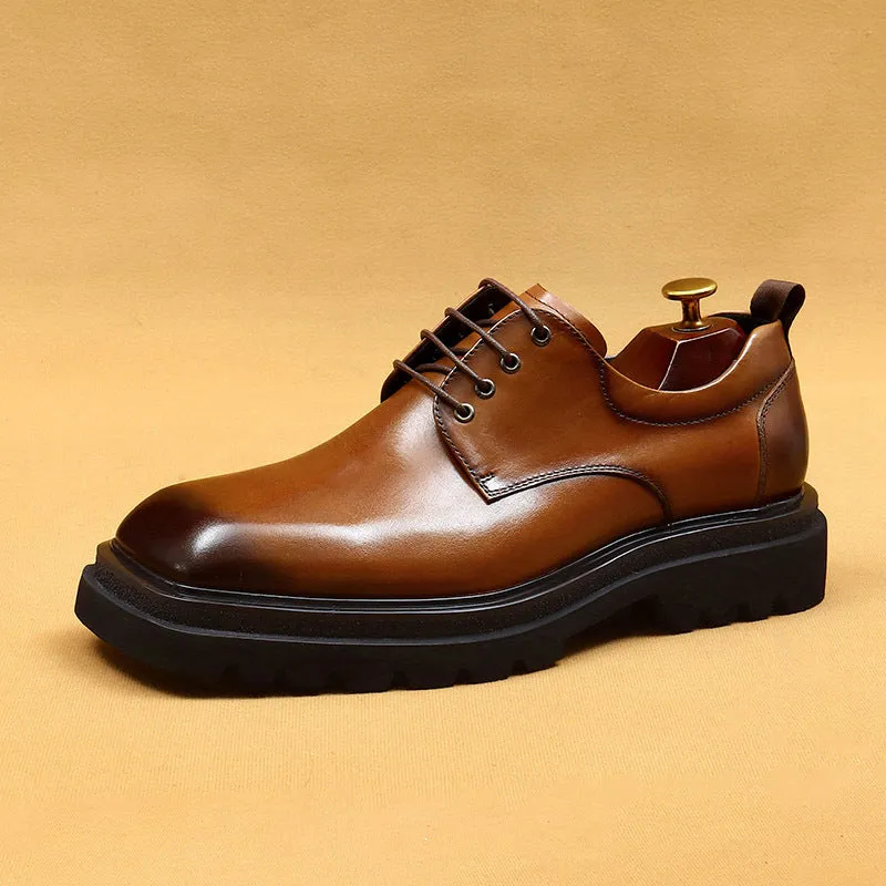 Top Layer Cowhide Men's Leather Shoes Big Head Leather Shoes Men's Genuine Leather Formal Business Men's Shoes Square Toe Platform British Increased Derby Shoes96139