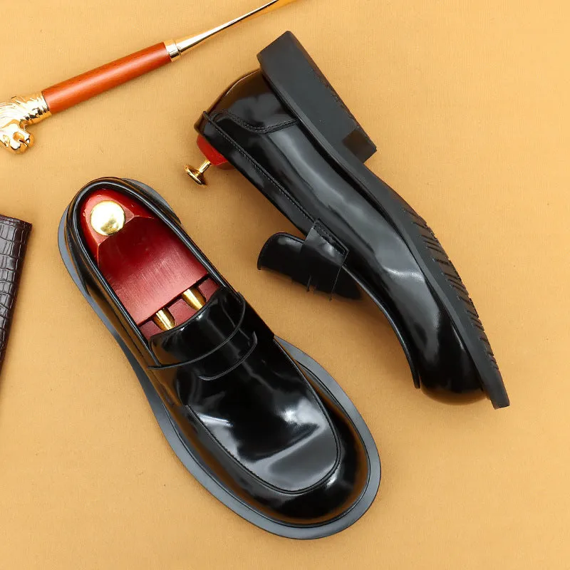 Top Layer Cowhide Men's Leather Shoes Big Head Leather Shoes Men's Wide-Leg Leather High-Grade Patent Leather Glossy round Head British Loafers23691