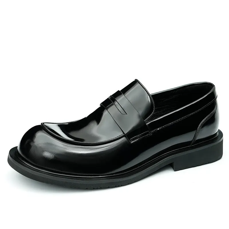 Top Layer Cowhide Men's Leather Shoes Big Head Leather Shoes Men's Wide-Leg Leather High-Grade Patent Leather Glossy round Head British Loafers23691