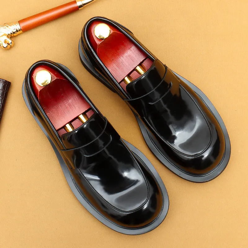 Top Layer Cowhide Men's Leather Shoes Big Head Leather Shoes Men's Wide-Leg Leather High-Grade Patent Leather Glossy round Head British Loafers23691