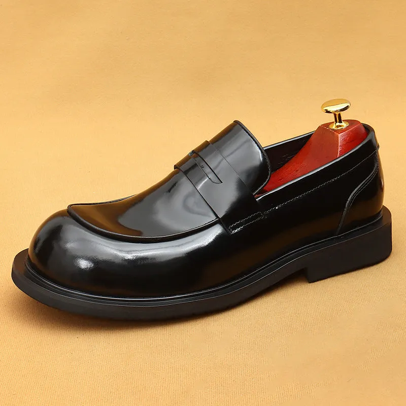 Top Layer Cowhide Men's Leather Shoes Big Head Leather Shoes Men's Wide-Leg Leather High-Grade Patent Leather Glossy round Head British Loafers23691