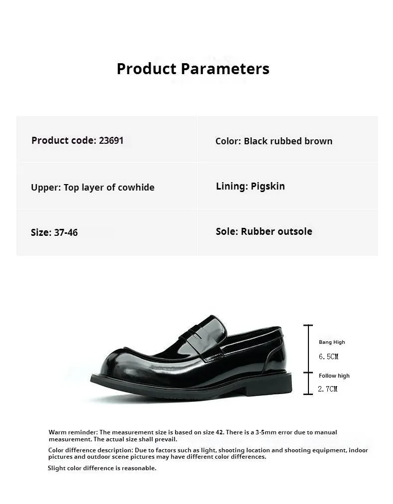 Top Layer Cowhide Men's Leather Shoes Big Head Leather Shoes Men's Wide-Leg Leather High-Grade Patent Leather Glossy round Head British Loafers23691