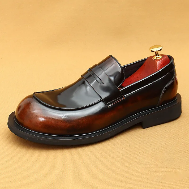Top Layer Cowhide Men's Leather Shoes Big Head Leather Shoes Men's Wide-Leg Leather High-Grade Patent Leather Glossy round Head British Loafers23691