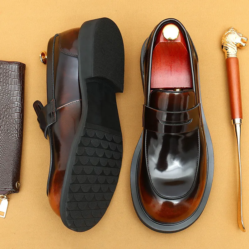 Top Layer Cowhide Men's Leather Shoes Big Head Leather Shoes Men's Wide-Leg Leather High-Grade Patent Leather Glossy round Head British Loafers23691