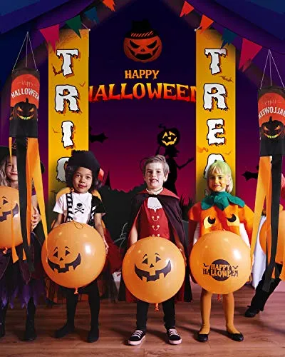 Trick or Treat Banner with Pumpkin Windsock Flag, Outdoor or Indoor Welcome Sign