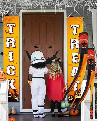 Trick or Treat Banner with Pumpkin Windsock Flag, Outdoor or Indoor Welcome Sign