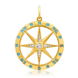 Turquoise Enamel Directions Diamond MOP Pendant 14kt Gold