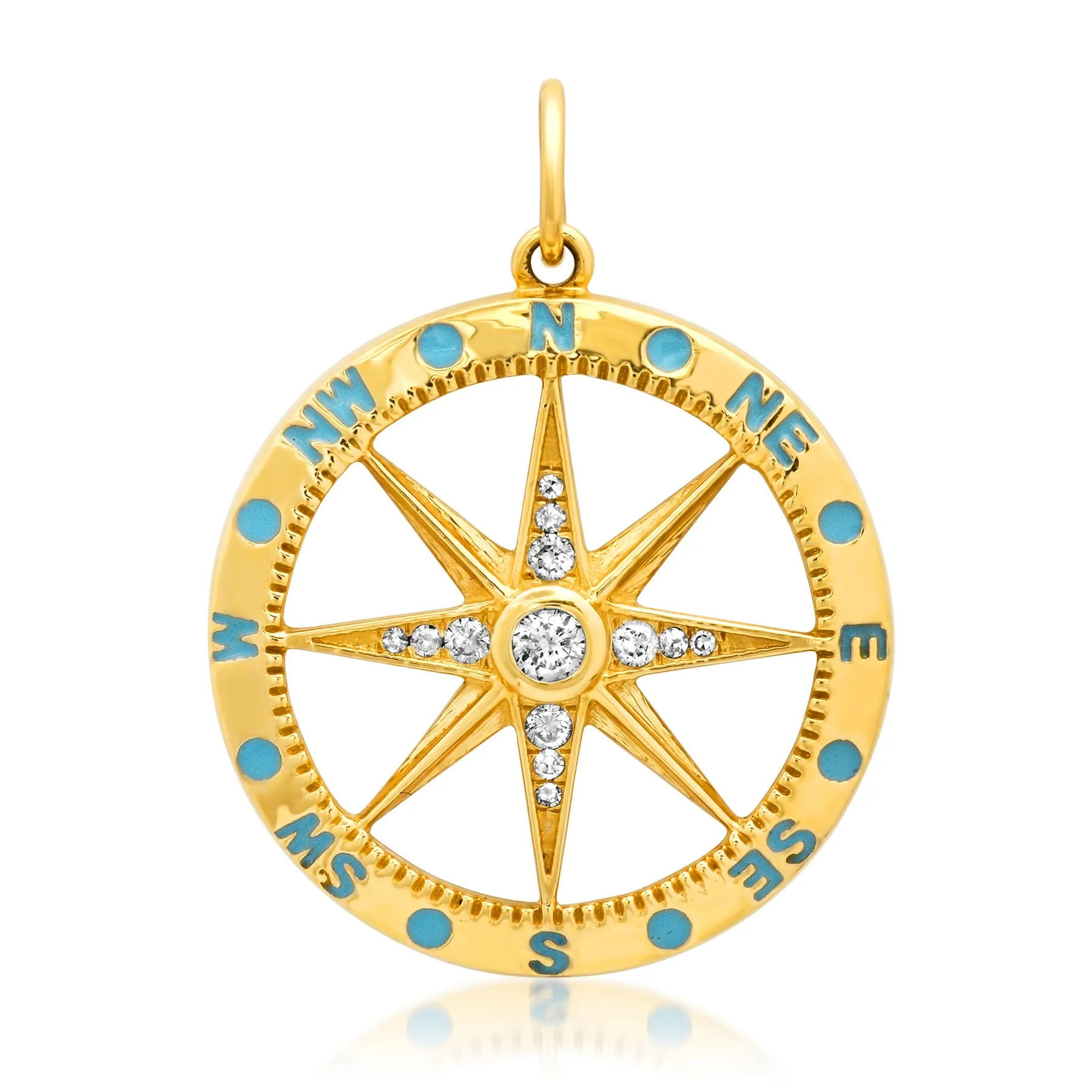 Turquoise Enamel Directions Diamond MOP Pendant 14kt Gold