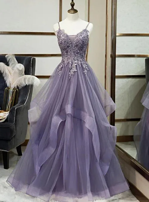 V Neck Semi Formal Dresses Purple Tiered Lace A-line Prom Dress