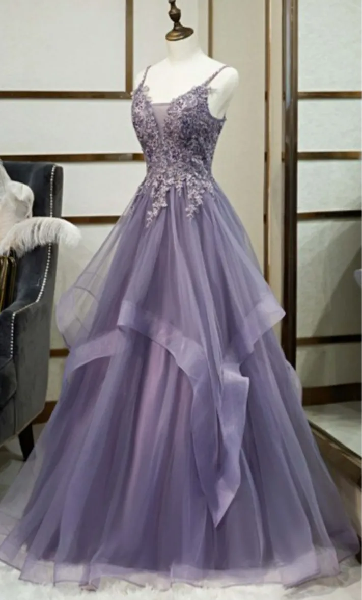 V Neck Semi Formal Dresses Purple Tiered Lace A-line Prom Dress