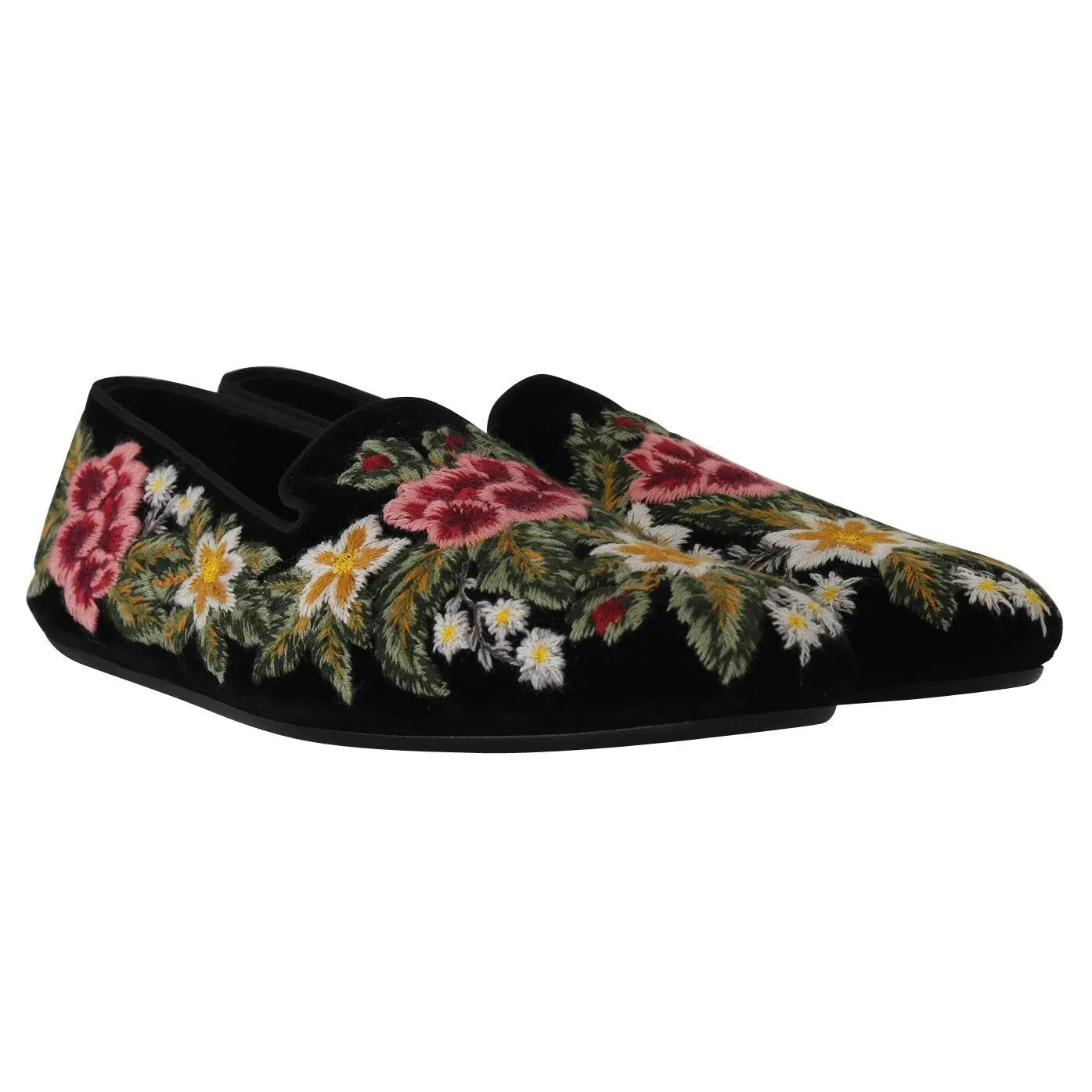 Velvet Ricamo Floral Slides Loafers
