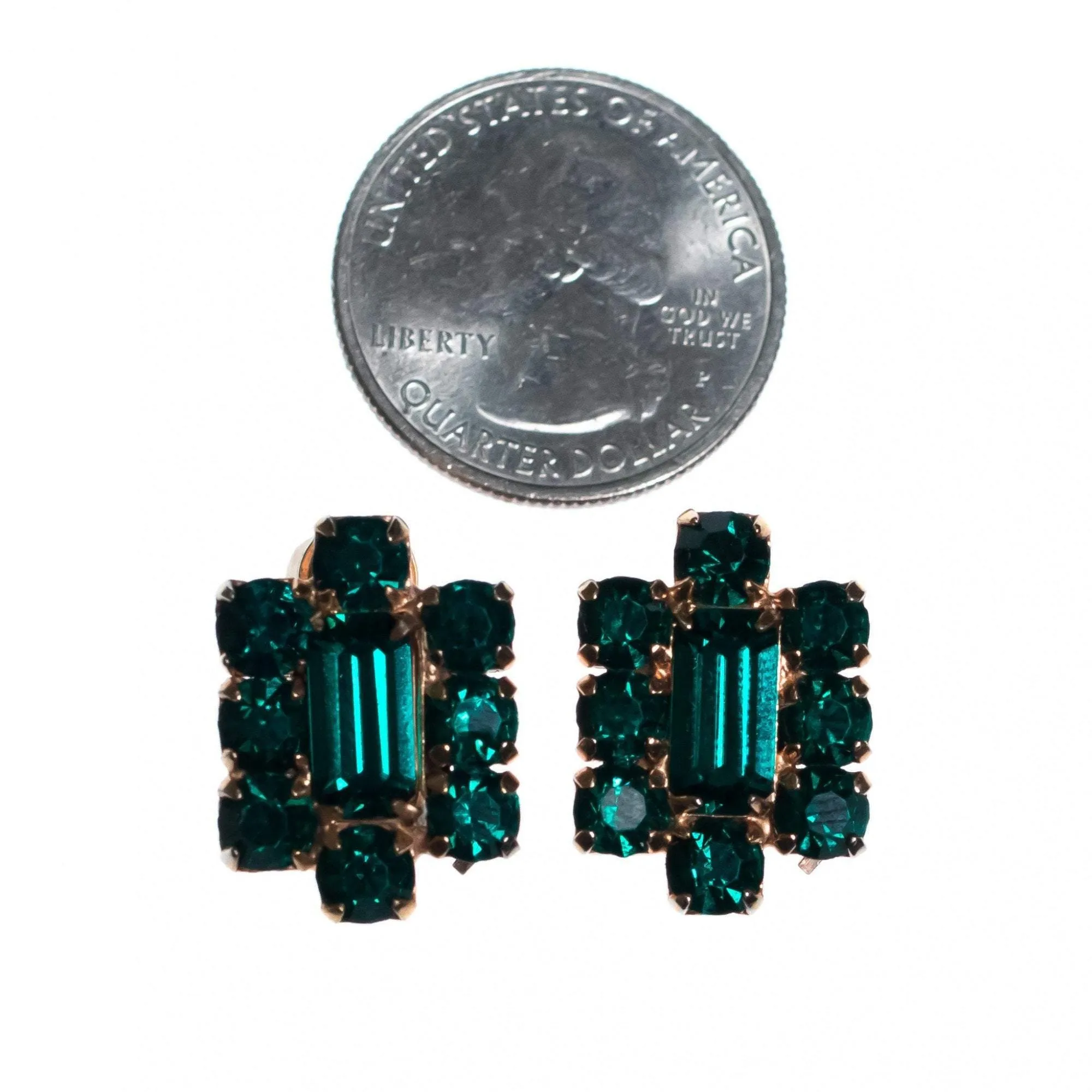 Vintage 1940s Gilt Gold Earrings with Emerald Cut Crystals