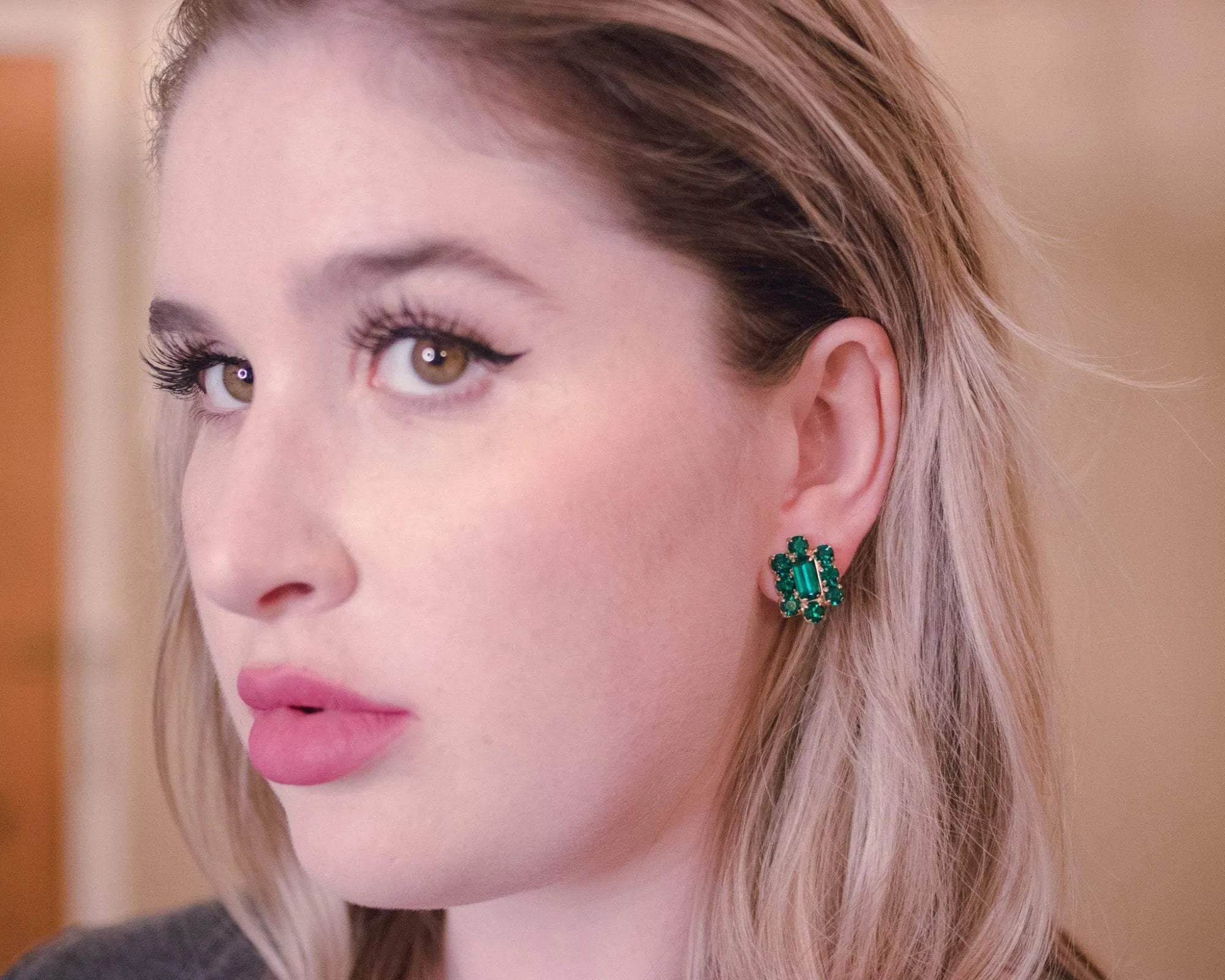 Vintage 1940s Gilt Gold Earrings with Emerald Cut Crystals